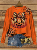Glitter Pumpkin Leopard Bow Sweatshirt | Women's Orange Pullover Hoodies & Sweatshirts - The Eezee Shop