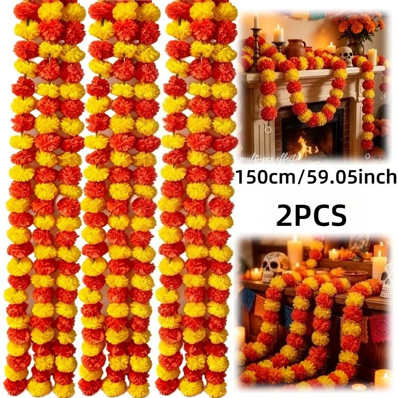 Artificial Marigold Garland | 2-Pack 3m Day of the Dead Decor Wreaths & Garlands - The Eezee Shop