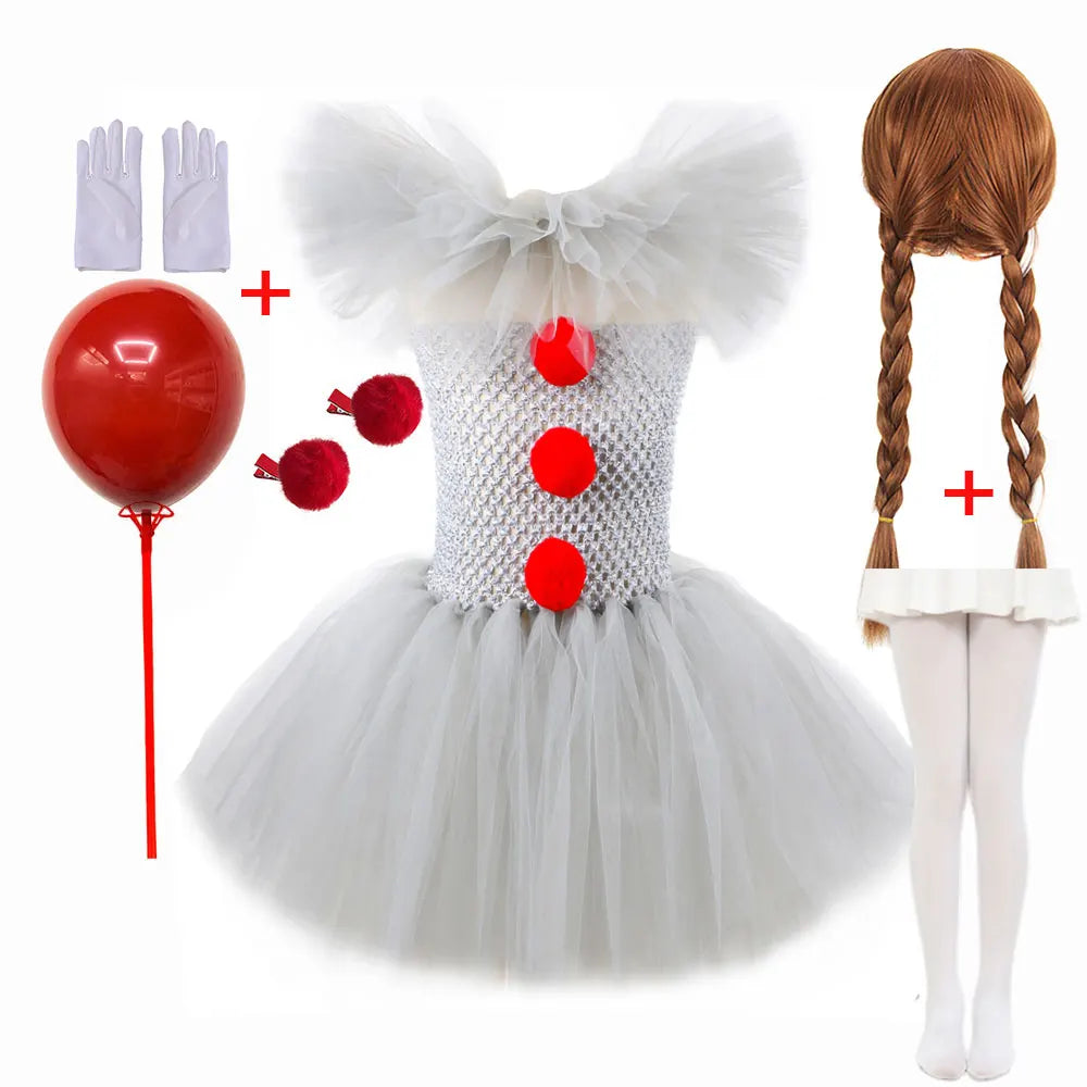Girls Pennywise Tutu Dress Costume | Kids Clown Cosplay Set Halloween Costumes - The Eezee Shop