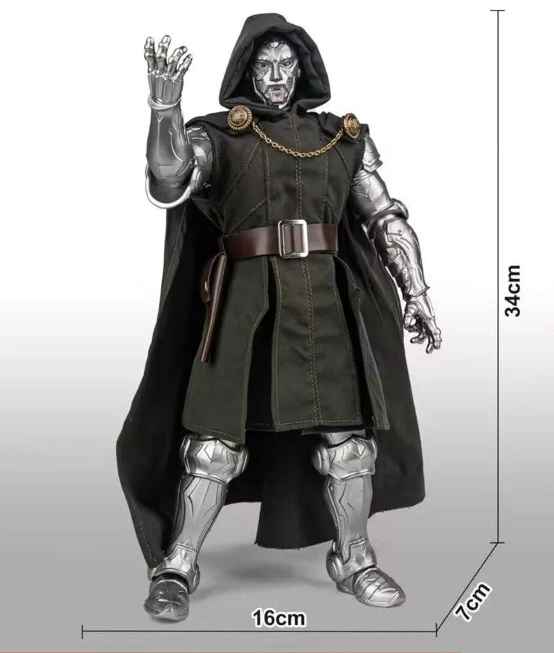 A 1/6 scale collectible action figure of Doctor Victor Dorfman from Marvel's The Avengers, shown with dimension markings indicating a height of 34cm, width of 16cm, and depth of 7cm.