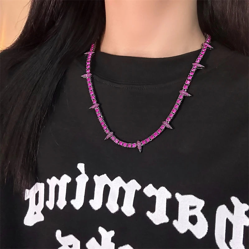 Lightning Pendant Tennis Necklace | Purple Iced Out CZ Chain Jewelry - The Eezee Shop