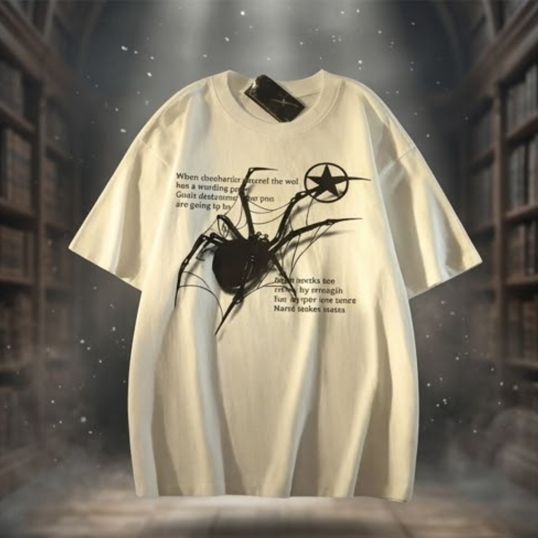 An oversized cream-colored t-shirt featuring a black spider graphic and gothic text, presented against a dark, atmospheric background of bookshelves.