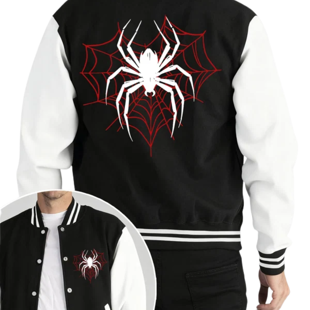 Black and white varsity jacket with a red and white spider web graphic on the back and a matching graphic on the chest, shown on a model with a circular inset of the front view.