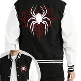 Black and white varsity jacket with a red and white spider web graphic on the back and a matching graphic on the chest, shown on a model with a circular inset of the front view.