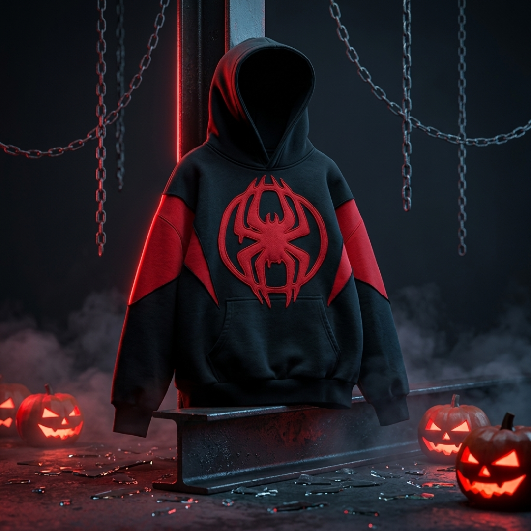 A black and red pullover hoodie with a large red spider emblem on the chest, displayed on a dark metal stand in a Halloween-themed setting with glowing jack-o'-lanterns and hanging chains.