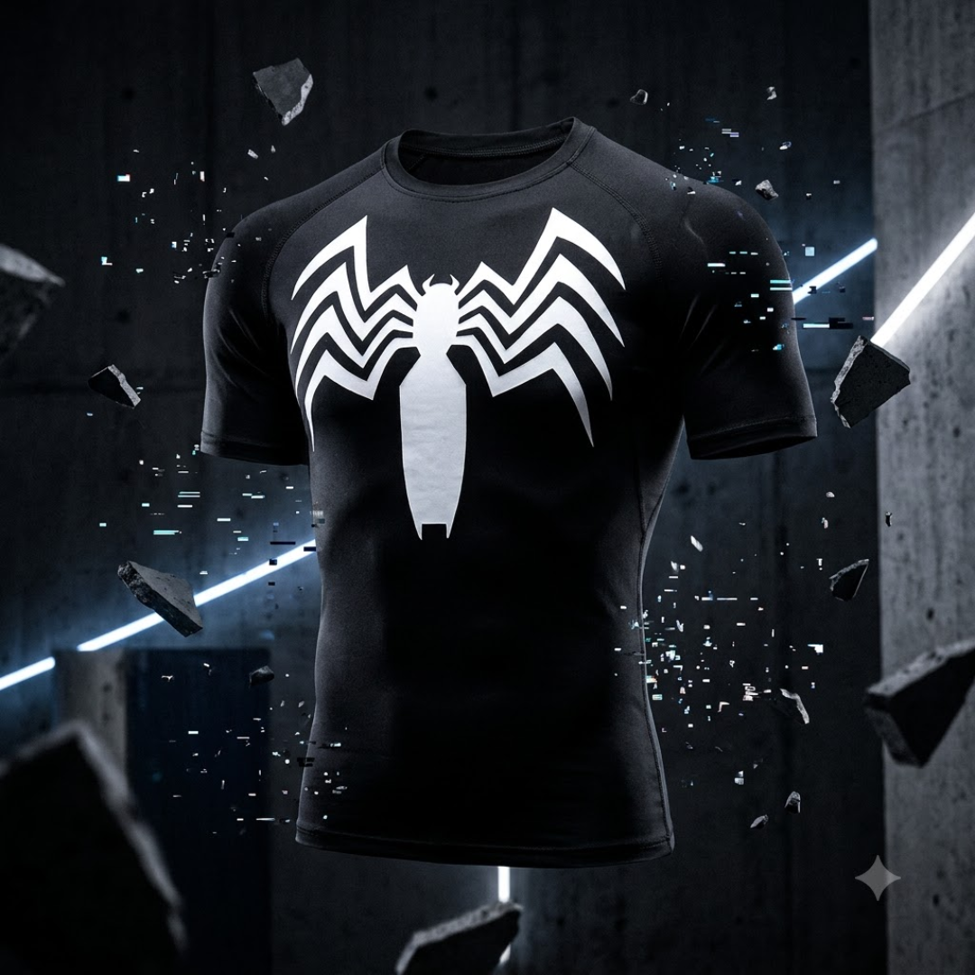 A black short-sleeve athletic t-shirt with a large white spider logo on the chest, shown floating in a dark industrial setting with shattered glass and neon light effects.