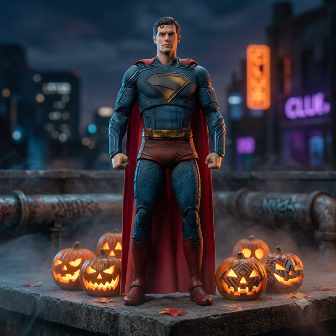 Superman action figure or collectible statue posed on a stone ledge with glowing jack-o'-lanterns around it, set against a dark city street at night with neon signs and fog.
