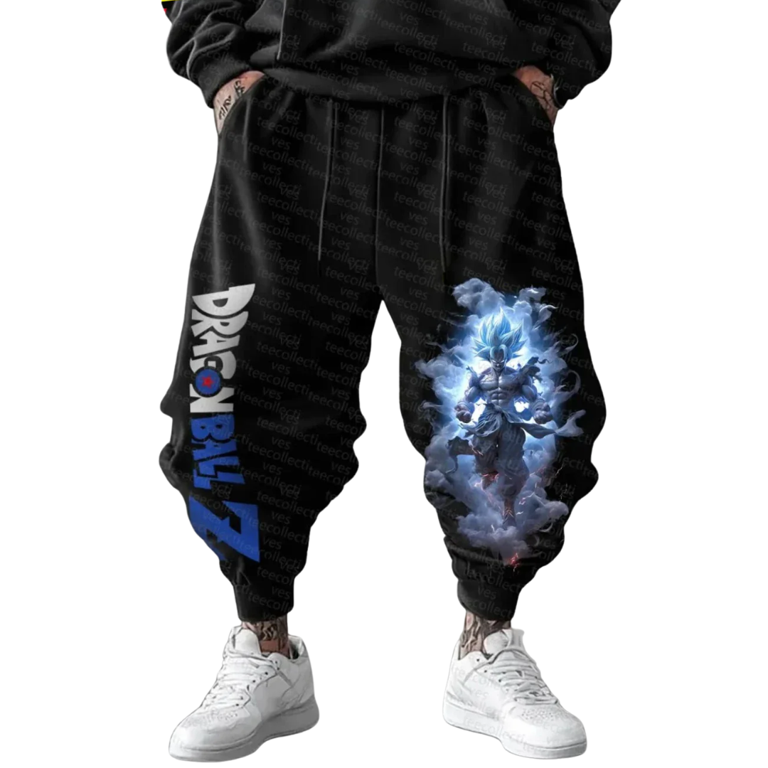 Black Dragon Ball Z themed sweatpants with a blue and white graphic of Goku on the right leg and the Dragon Ball Z logo on the left leg, shown on a model with white sneakers.