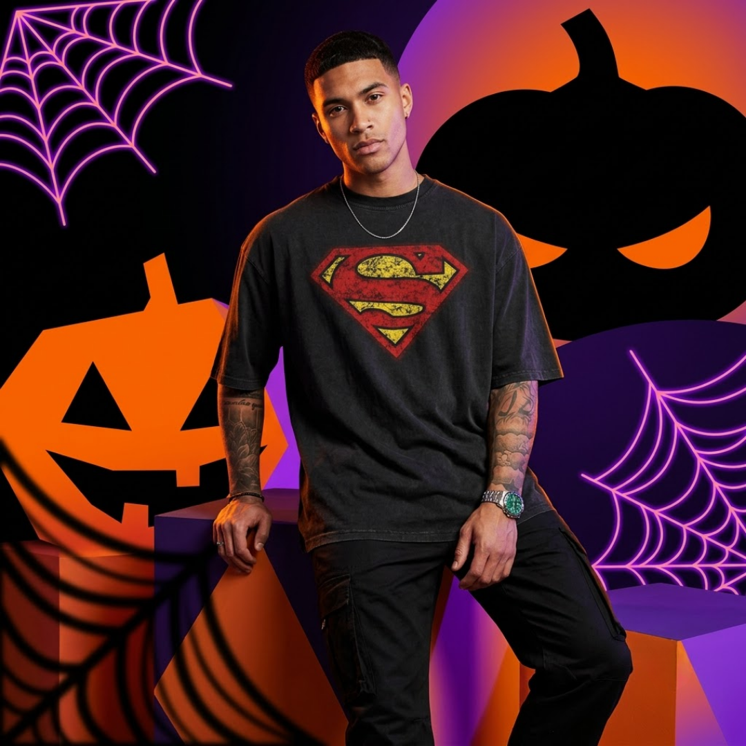 A man wearing a faded black graphic t-shirt with a red and yellow Superman logo, posed against a Halloween-themed background with jack-o'-lanterns, spiderwebs, and neon purple web graphics.