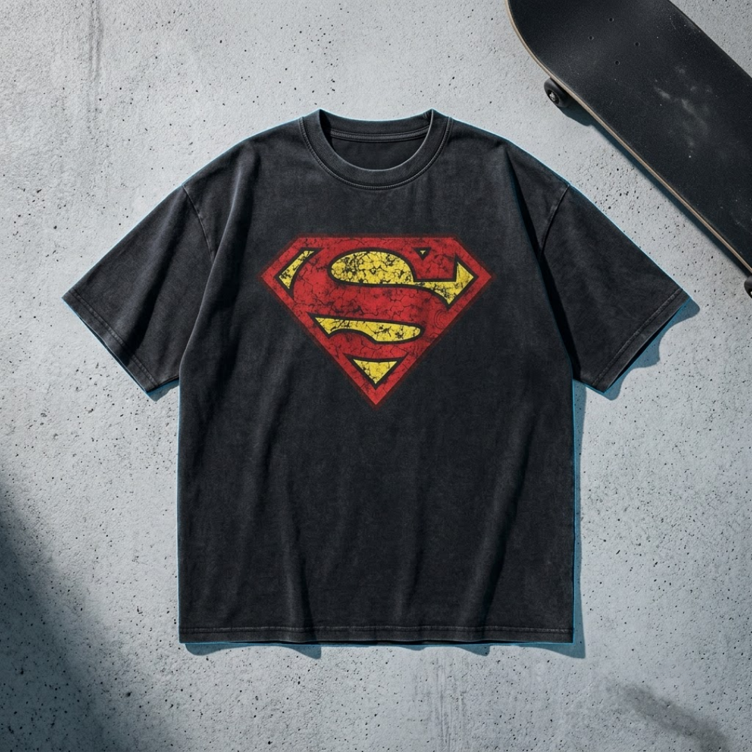 A faded black short-sleeve t-shirt featuring a distressed red and yellow Superman logo on the chest, laid flat on a textured gray concrete surface with a skateboard partially visible in the top right corner.