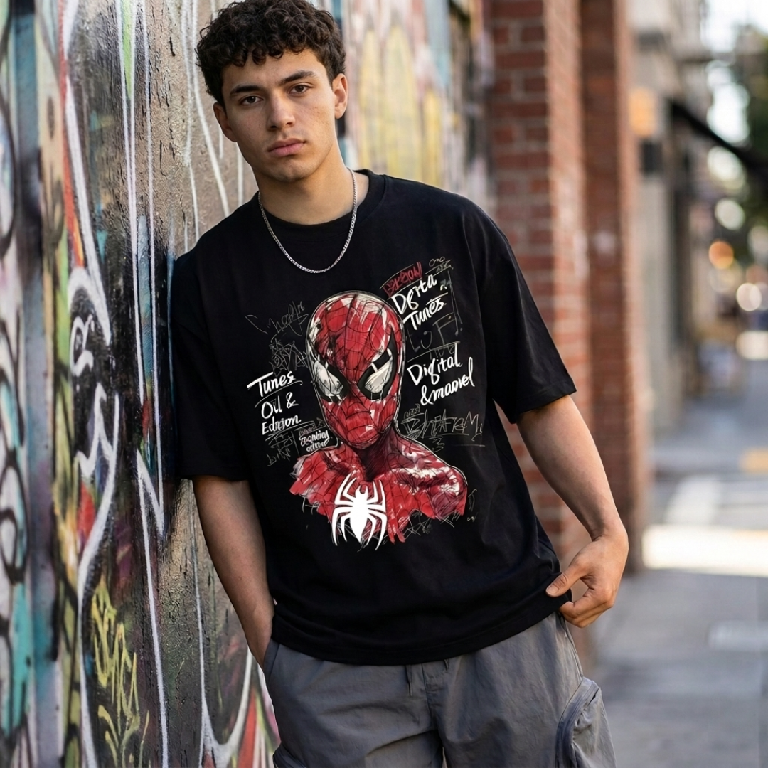 Spider Hero Graffiti Print T-Shirt Men's Oversized Streetwear Anime Tshirts - The Eezee Shop
