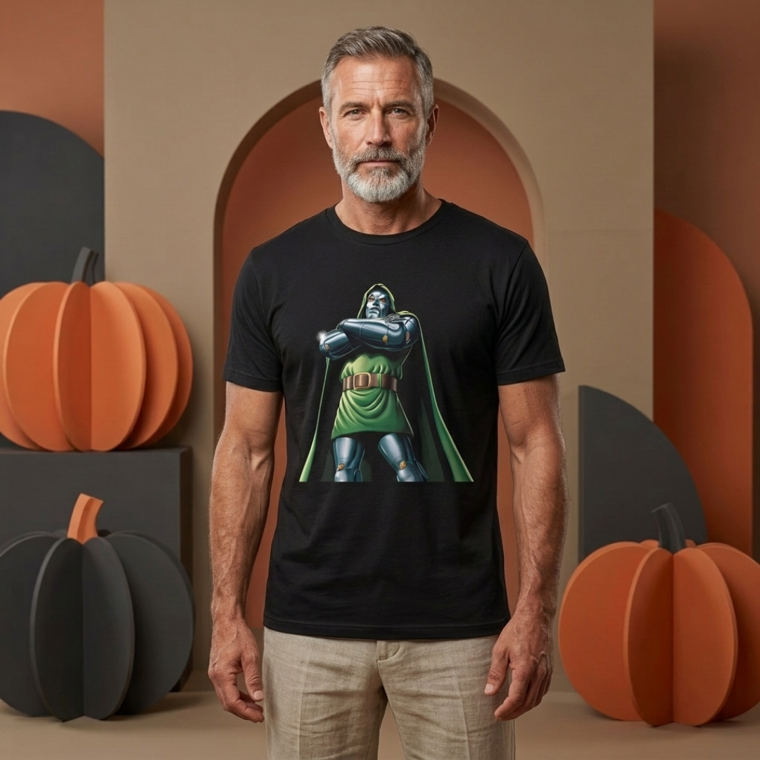 A man wearing a black graphic t-shirt featuring a print of Doctor Doom, posed in a studio with autumn-themed cardboard pumpkin props.