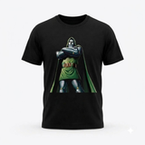 A black short-sleeve crewneck t-shirt featuring a graphic print of the comic book character Doctor Doom, shown against a plain white background.