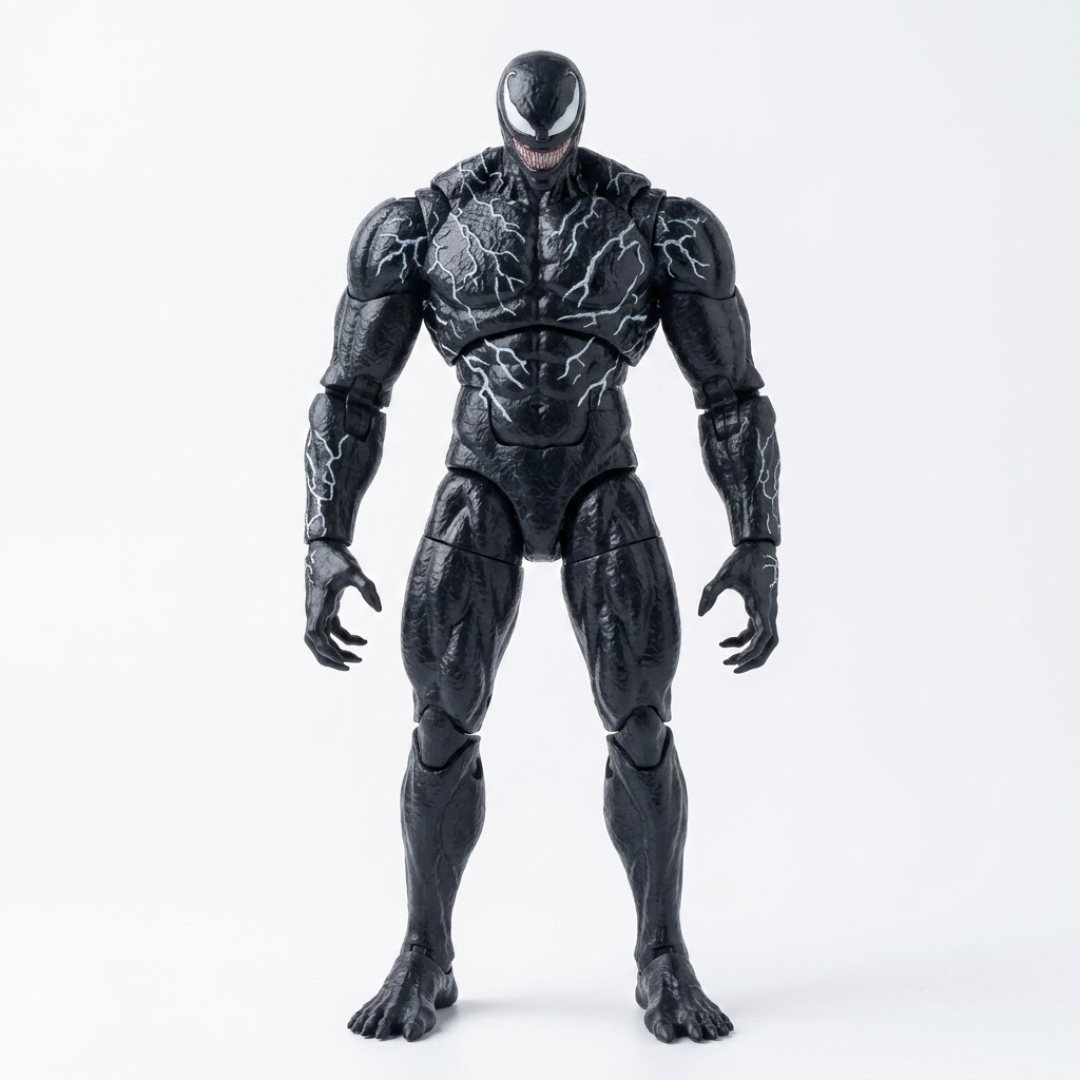 A black action figure of Venom with white lightning-like markings on its chest and arms, standing against a plain white background.