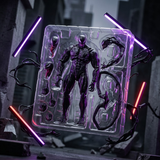 A glossy black Venom action figure displayed inside a clear plastic blister pack, surrounded by glowing purple and red neon tubes against a dark ruined city background.
