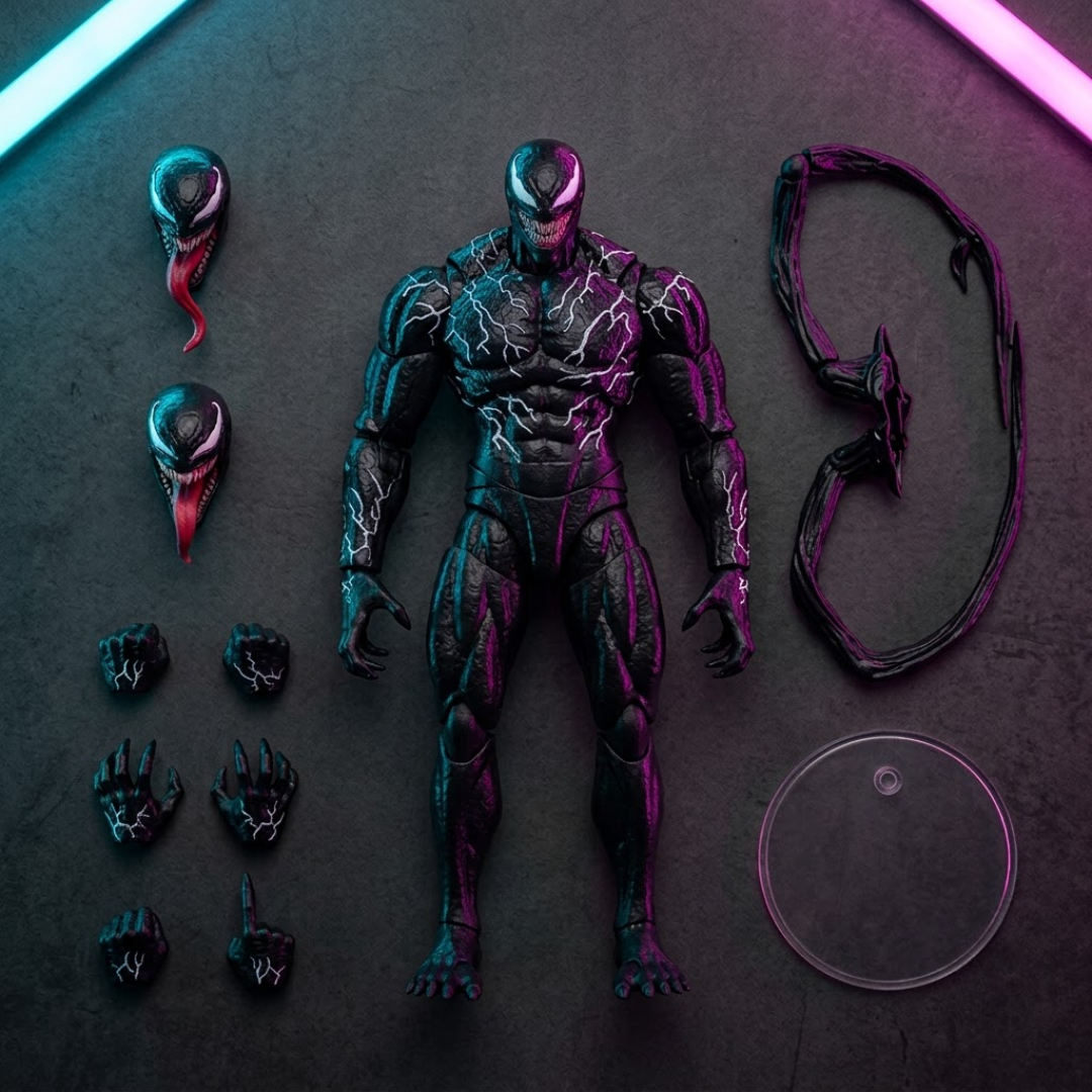 A highly detailed Venom action figure displayed with multiple interchangeable parts including alternate heads, hands, and a clear stand on a dark textured background with neon lighting.