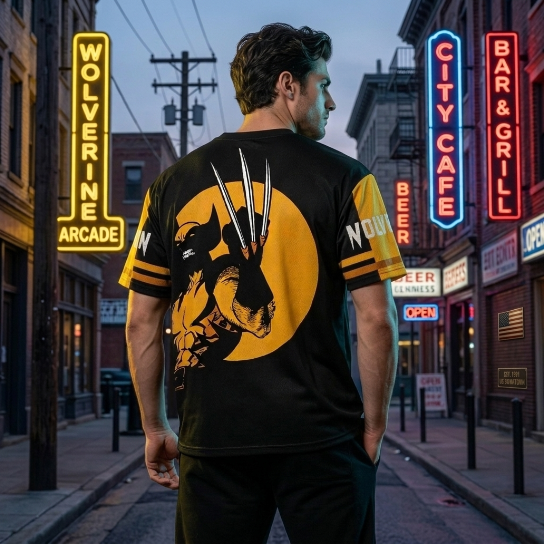 A man stands on a city street wearing a black short-sleeve graphic T-shirt with a large Wolverine design on the back, featuring a yellow circular background and metallic claws graphic. Neon signs for 'Wolverine Arcade', 'City Cafe', and 'Bar & Grill' are visible in the background.