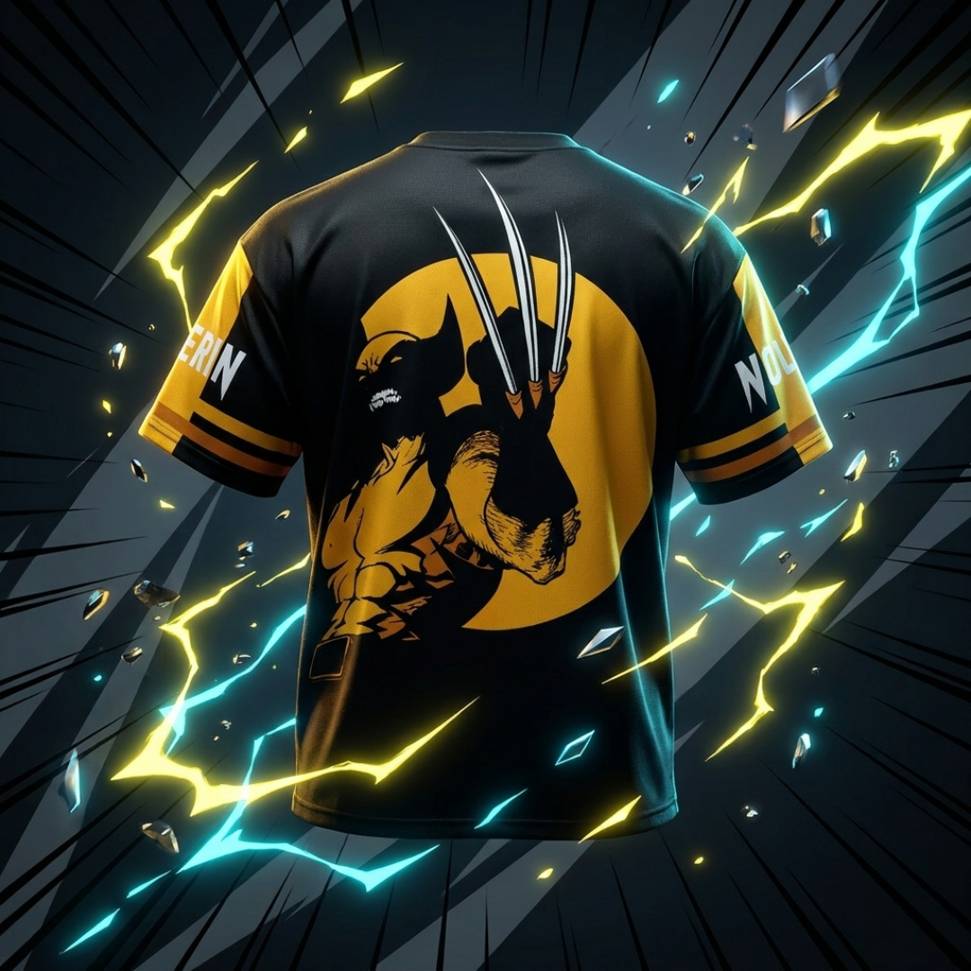 A black short-sleeve t-shirt with a large Wolverine graphic on the back, featuring a yellow circular background and his claws raised. The sleeves have yellow stripes and partial white text.