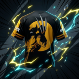 A black short-sleeve t-shirt with a large Wolverine graphic on the back, featuring a yellow circular background and his claws raised. The sleeves have yellow stripes and partial white text.