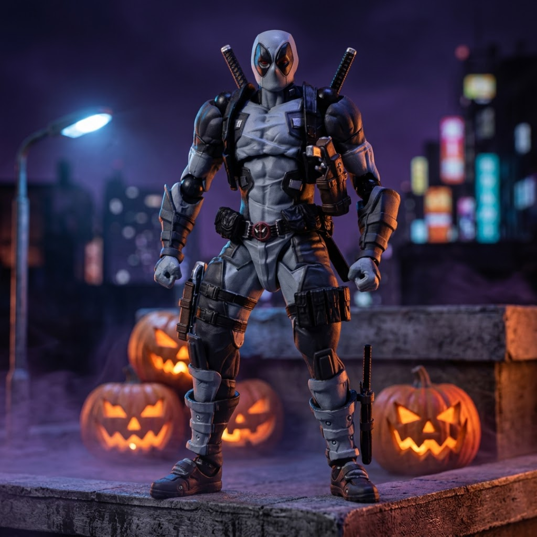 A Deadpool action figure posed on a stone ledge at night, with glowing jack-o'-lantern pumpkins behind it and a blurred cityscape in the background. The figure is wearing a white and black mask with gray armored suit details and carrying swords on its back.