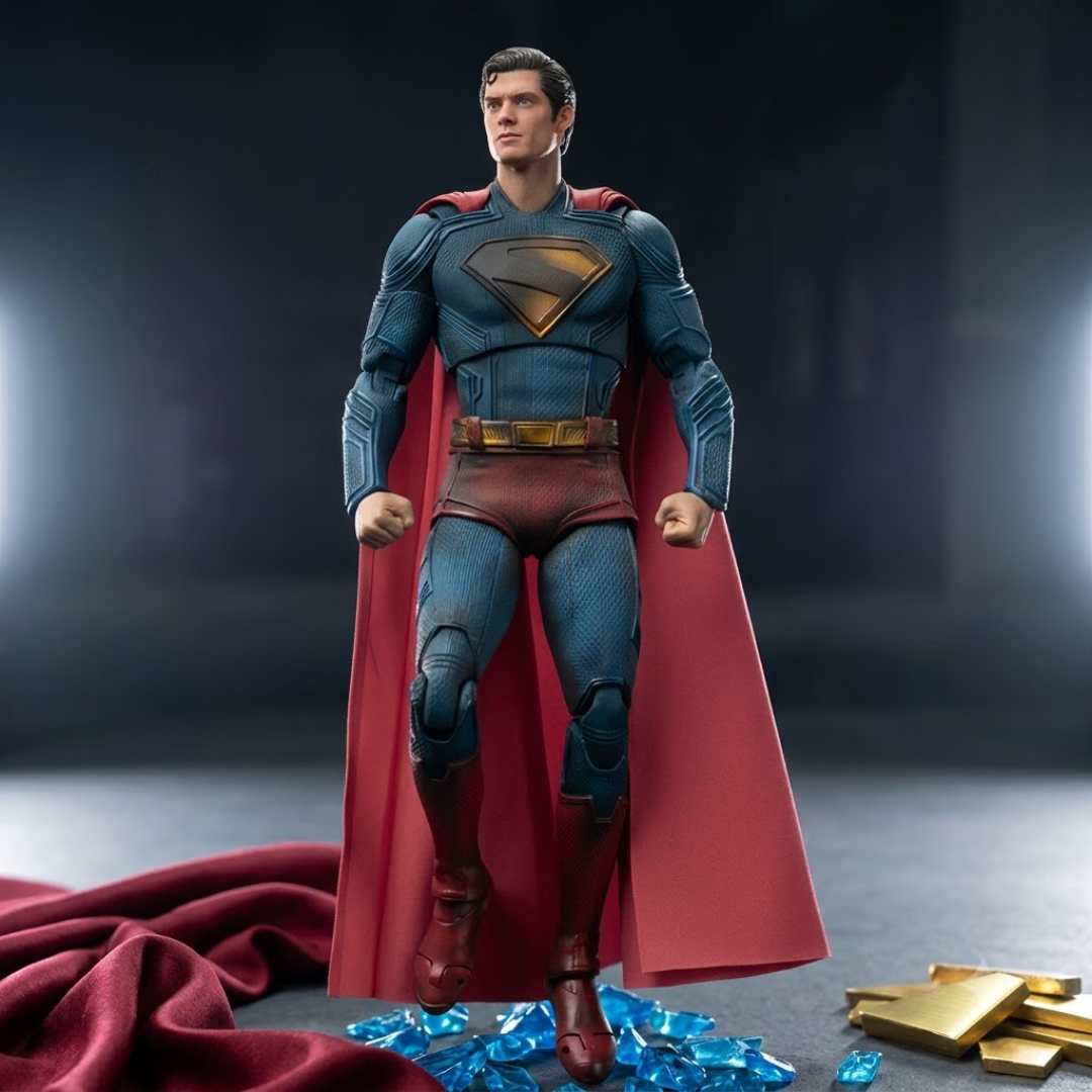 Superman action figure or collectible statue in a classic blue and red suit with a flowing red cape, standing on a dark surface with blue glass pieces and gold bars around it.