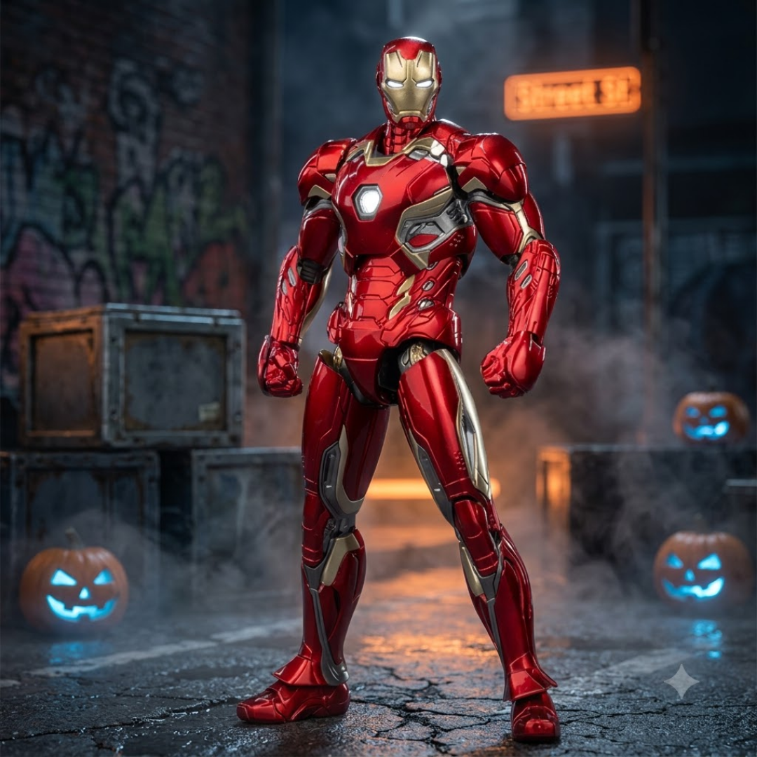 A red and gold Iron Man action figure or collectible suit stands in a dark urban alley with glowing jack-o'-lanterns and misty atmosphere in the background.