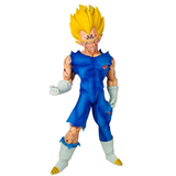 A Super Saiyan Vegeta collectible figurine from Dragon Ball, featuring his signature spiky yellow hair, torn blue gi, and white gloves and boots, posed against a solid white background.