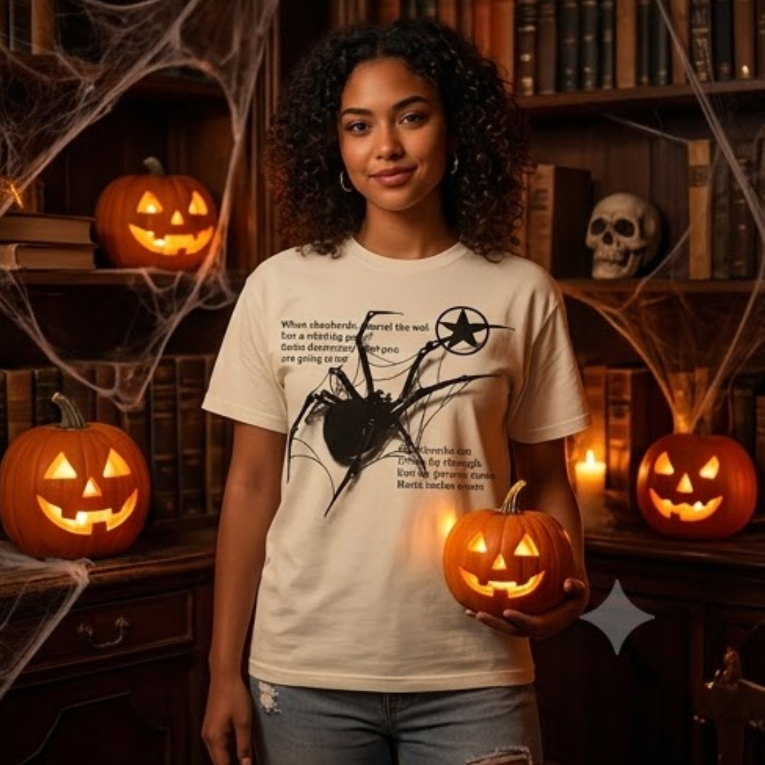A woman stands in a Halloween-themed room holding a lit jack-o'-lantern, wearing a cream-colored graphic t-shirt with a black spider and text design. The background features bookshelves, cobwebs, and other glowing pumpkins.