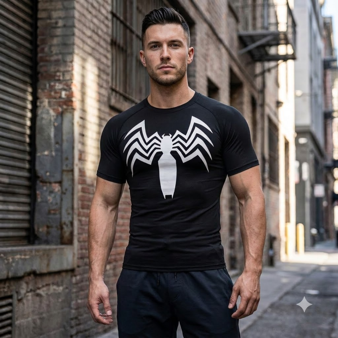 A muscular man wearing a black short-sleeve athletic compression shirt with a large white spider logo on the chest, standing in an urban alleyway.