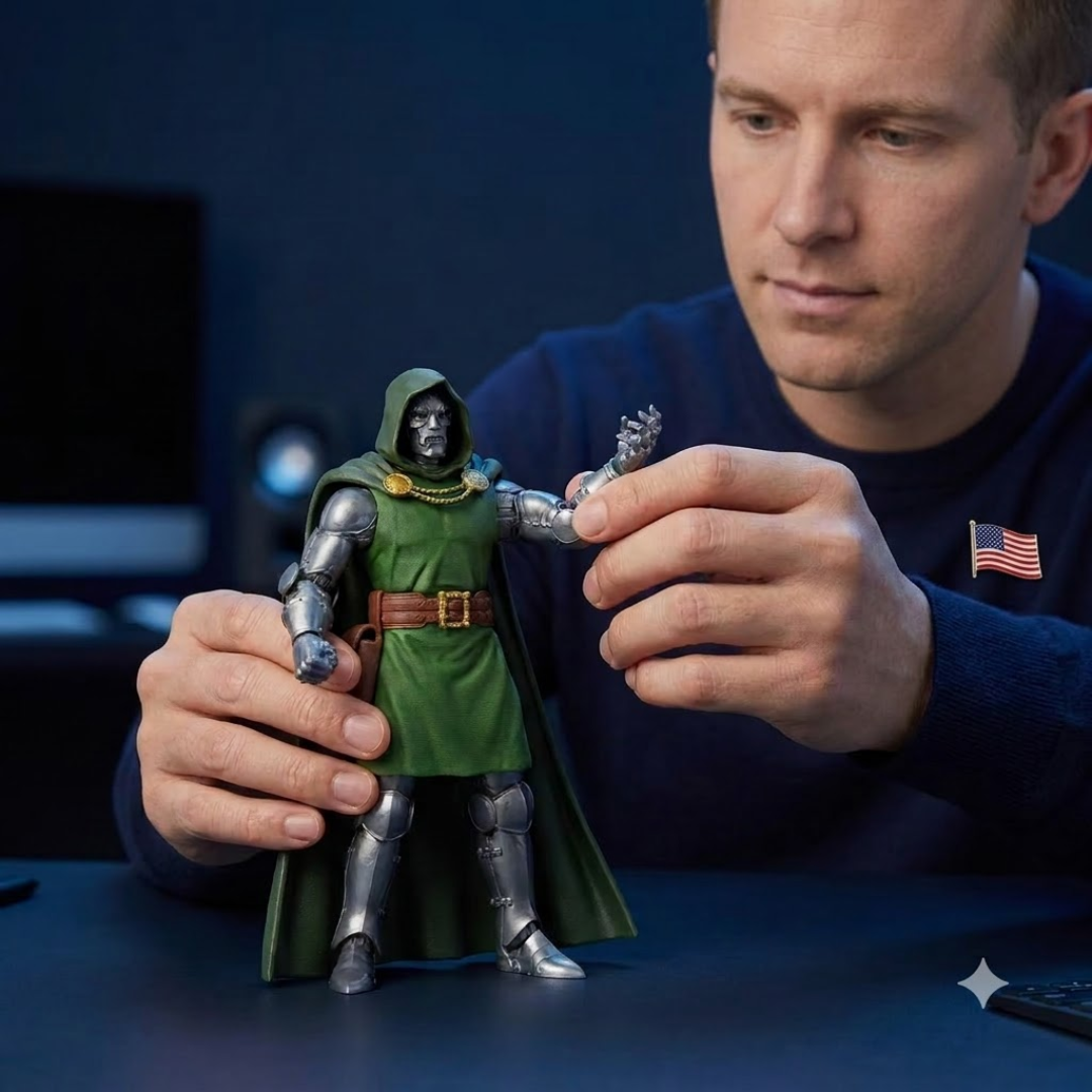 A man holds a detailed action figure of Doctor Doom wearing a green hooded robe and silver armor, with a dark background and a blurred monitor behind him.