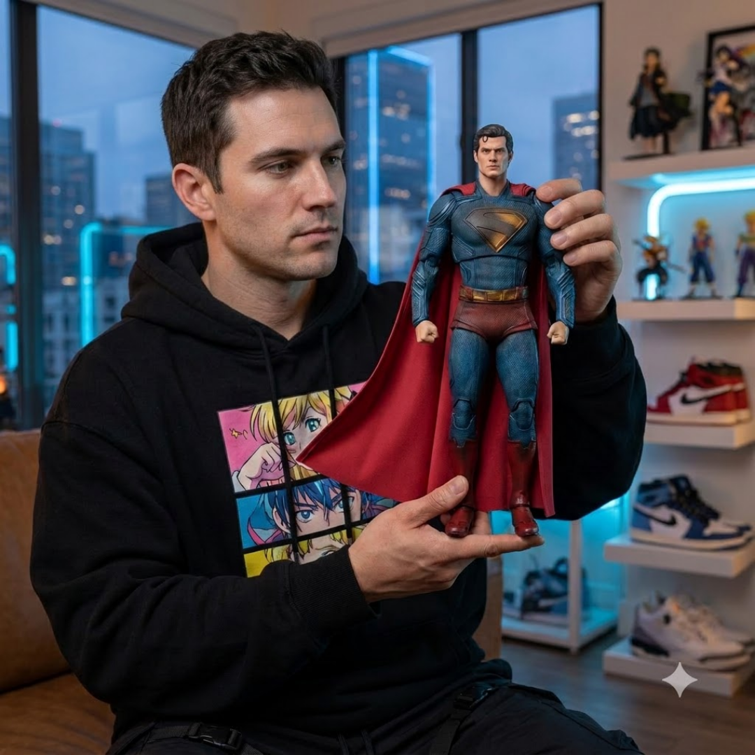 A man in a black hoodie holds a Superman action figure in front of a window and shelves of collectibles and sneakers.