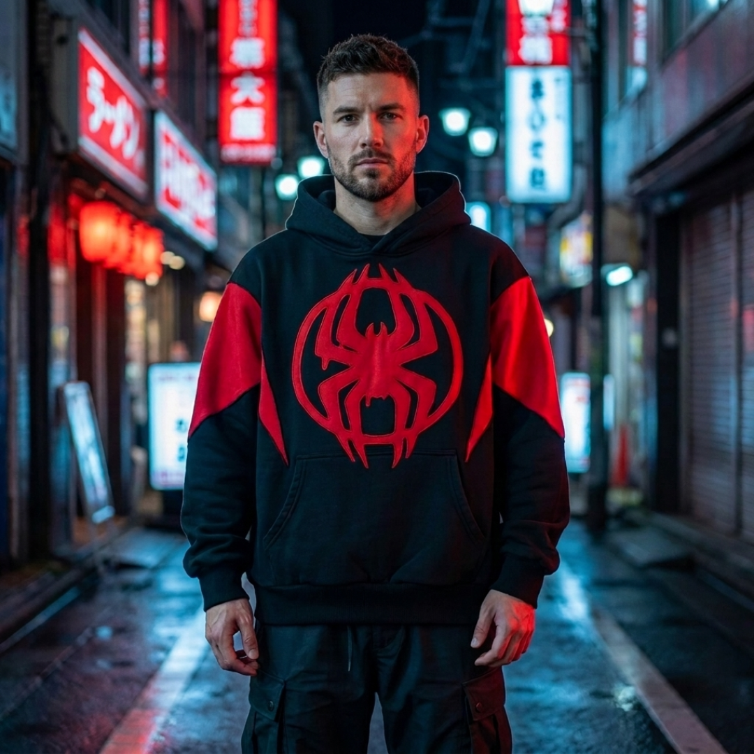 A man stands in a neon-lit urban alley wearing a black hoodie with bold red side panels and a large red spider emblem on the chest, paired with dark cargo pants.