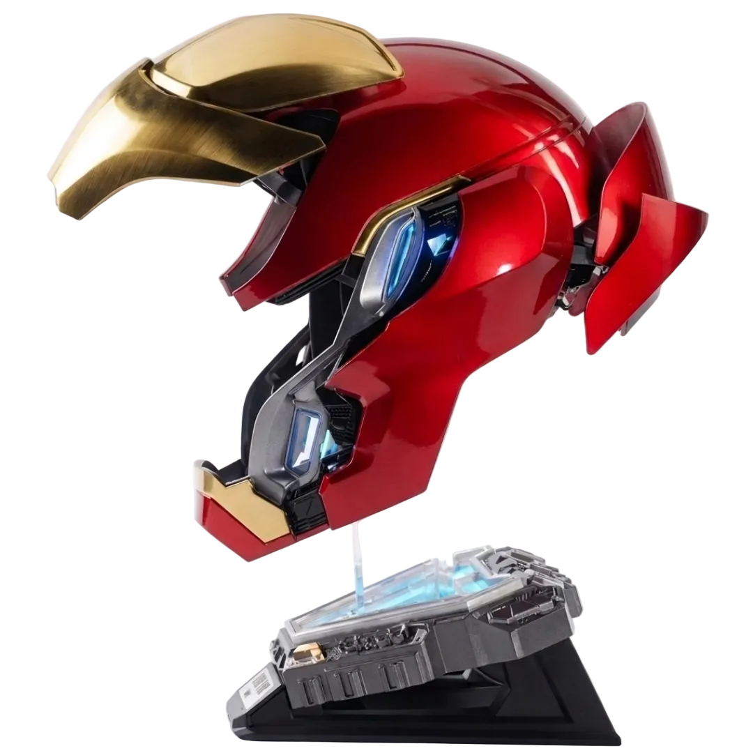 A metallic red and gold Iron Man helmet displayed on a clear acrylic stand with a black base, set against a plain white background.