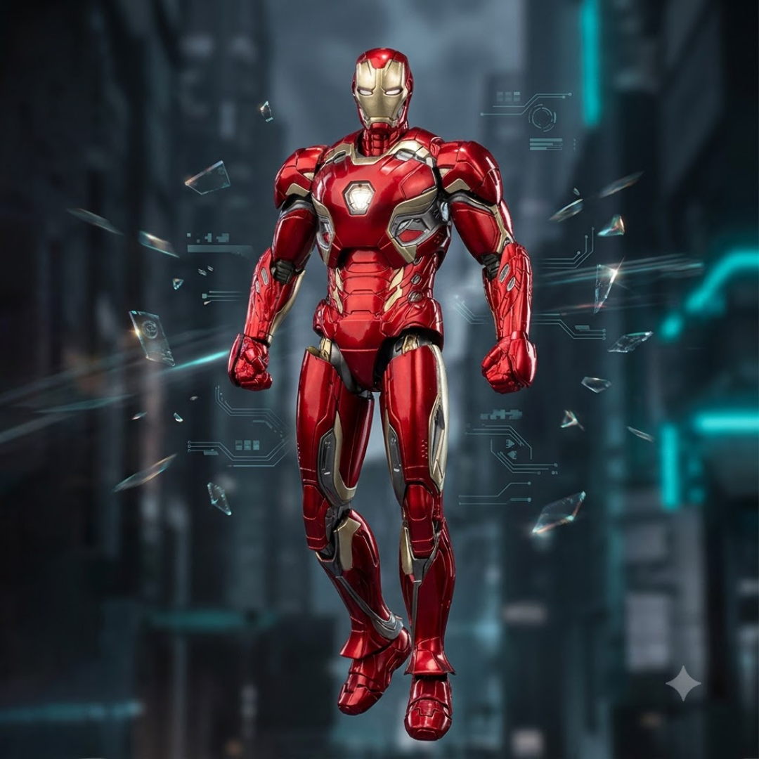 A red and gold armored robot suit floating in front of a dark futuristic city background with glowing blue lines and shattered glass effects.