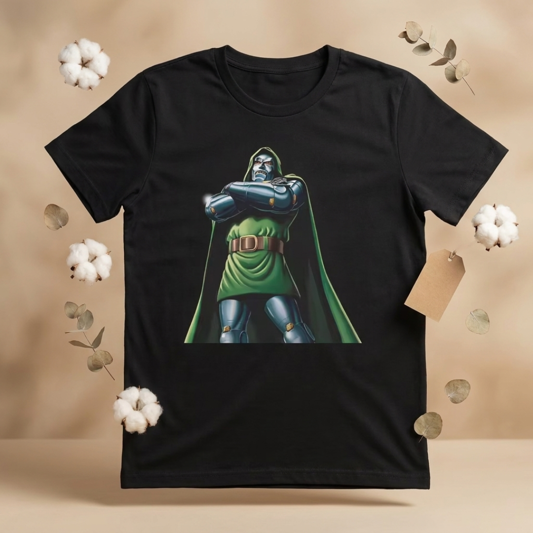 A black short-sleeve t-shirt featuring a graphic print of the Marvel character Doctor Doom, styled on a beige background with decorative cotton bolls and dried leaves.