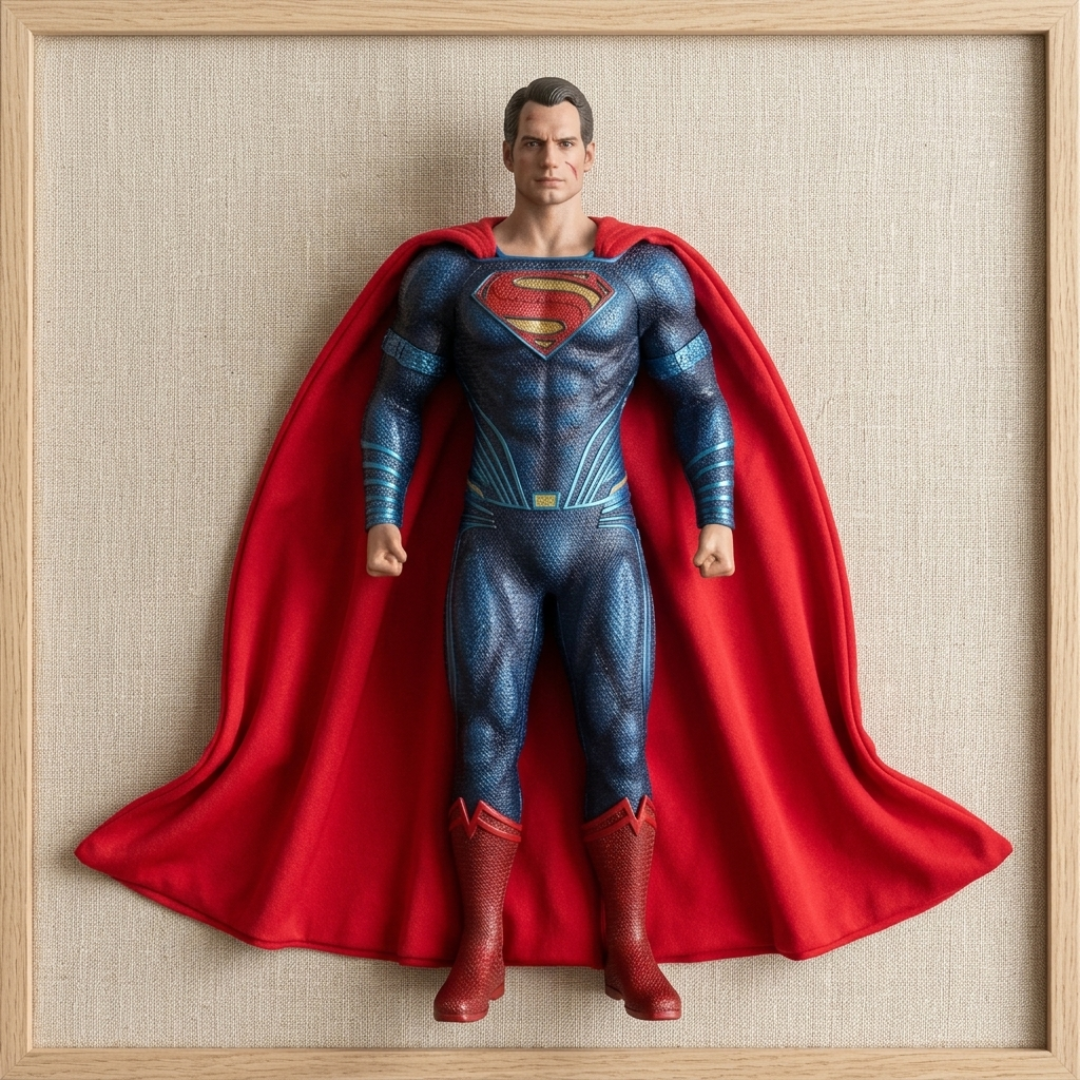 Superman action figure or wall decor sculpture with a textured blue suit, red cape, and red boots, standing against a beige linen-like background inside a light wood frame.