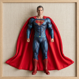 Superman action figure or wall decor sculpture with a textured blue suit, red cape, and red boots, standing against a beige linen-like background inside a light wood frame.