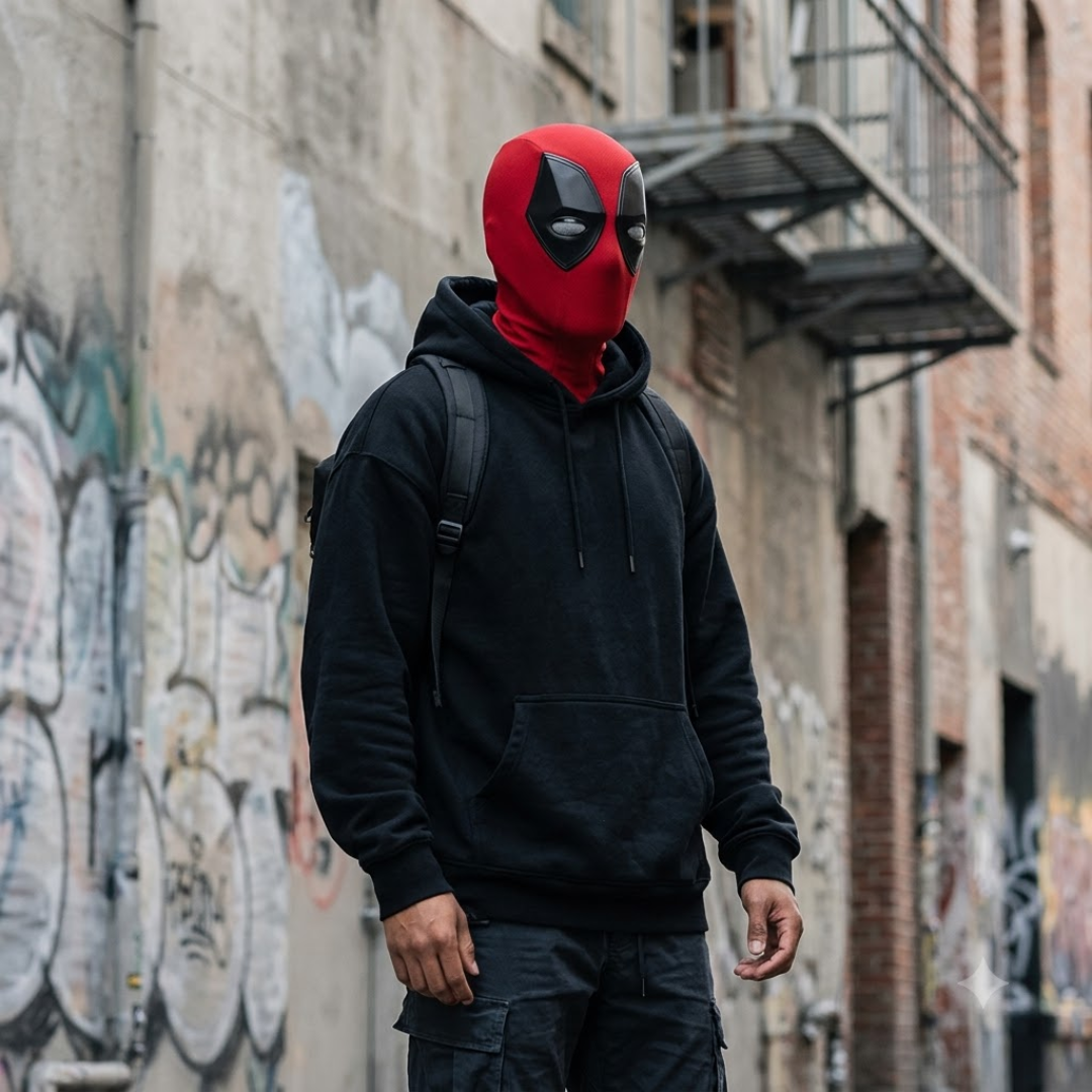 A person wearing a red and black Deadpool mask, a black hoodie, and dark cargo pants standing in an urban alleyway with graffiti-covered walls.