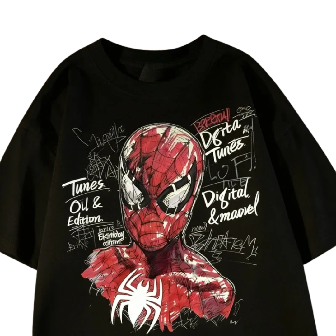 Spider Hero Graffiti Print T-Shirt Men's Oversized Streetwear Anime Tshirts - The Eezee Shop
