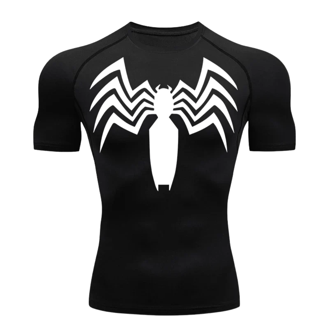 A black short-sleeve compression shirt featuring a large white spider logo on the chest, displayed on a clean white background.