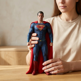 A Superman action figure is held by a person wearing a beige t-shirt, standing on a wooden table against a softly blurred indoor background.