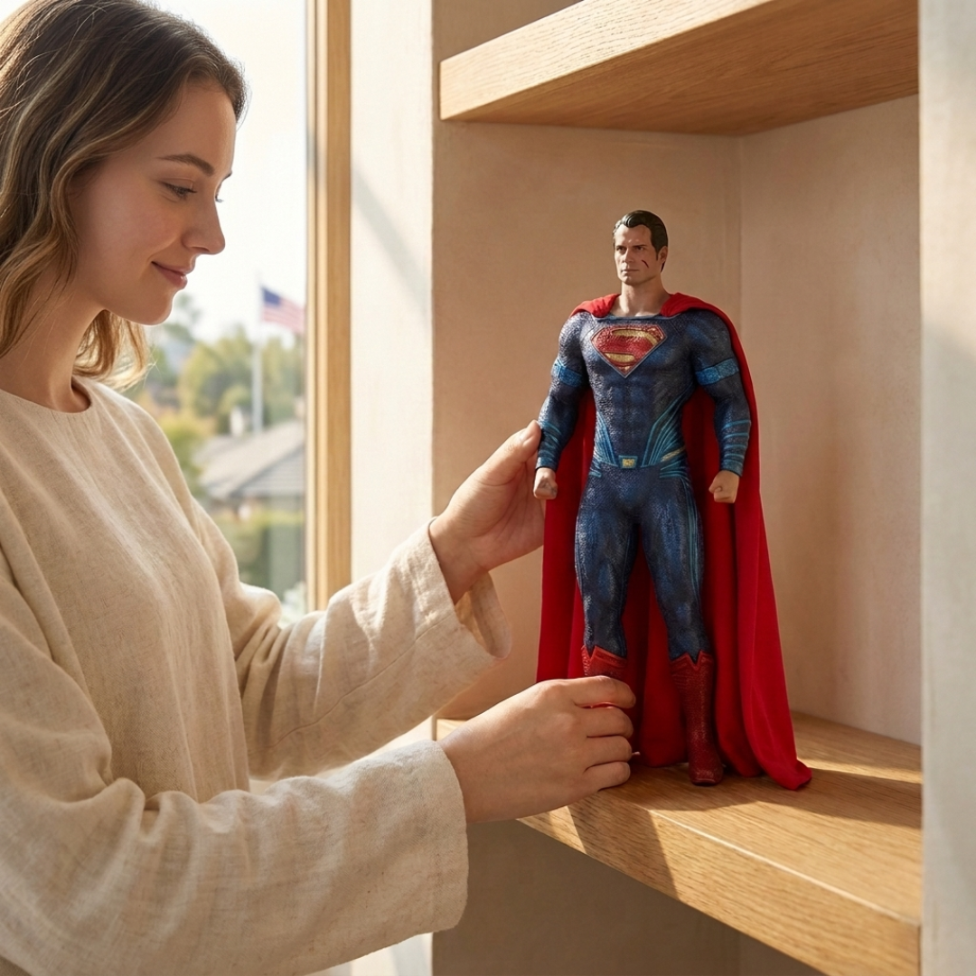 A woman in a beige sweater gently adjusts a Superman action figure standing on a wooden shelf in a brightly lit room.