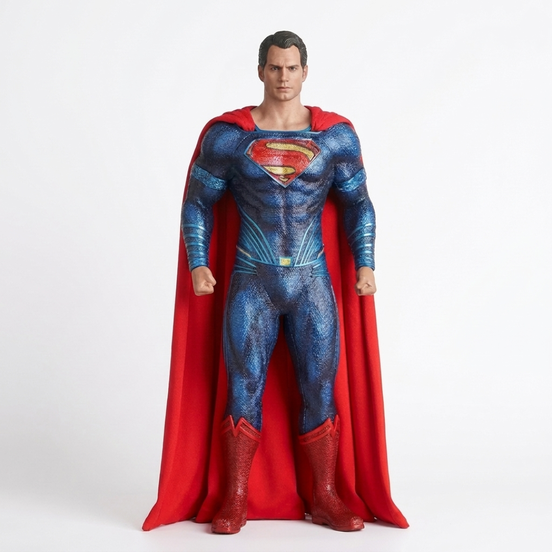 Superman action figure or collectible statue in a full-body pose, wearing a textured blue suit with a red cape and boots, standing against a plain light gray studio background.