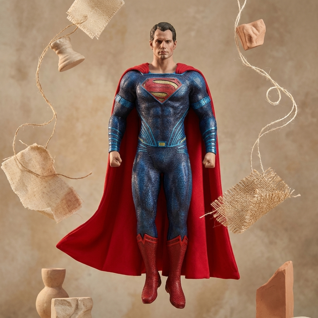 Superman action figure floating against a textured beige backdrop with decorative rope and stone props around it. The figure wears a blue textured suit with a red cape and red boots, and the Superman chest emblem is clearly visible.