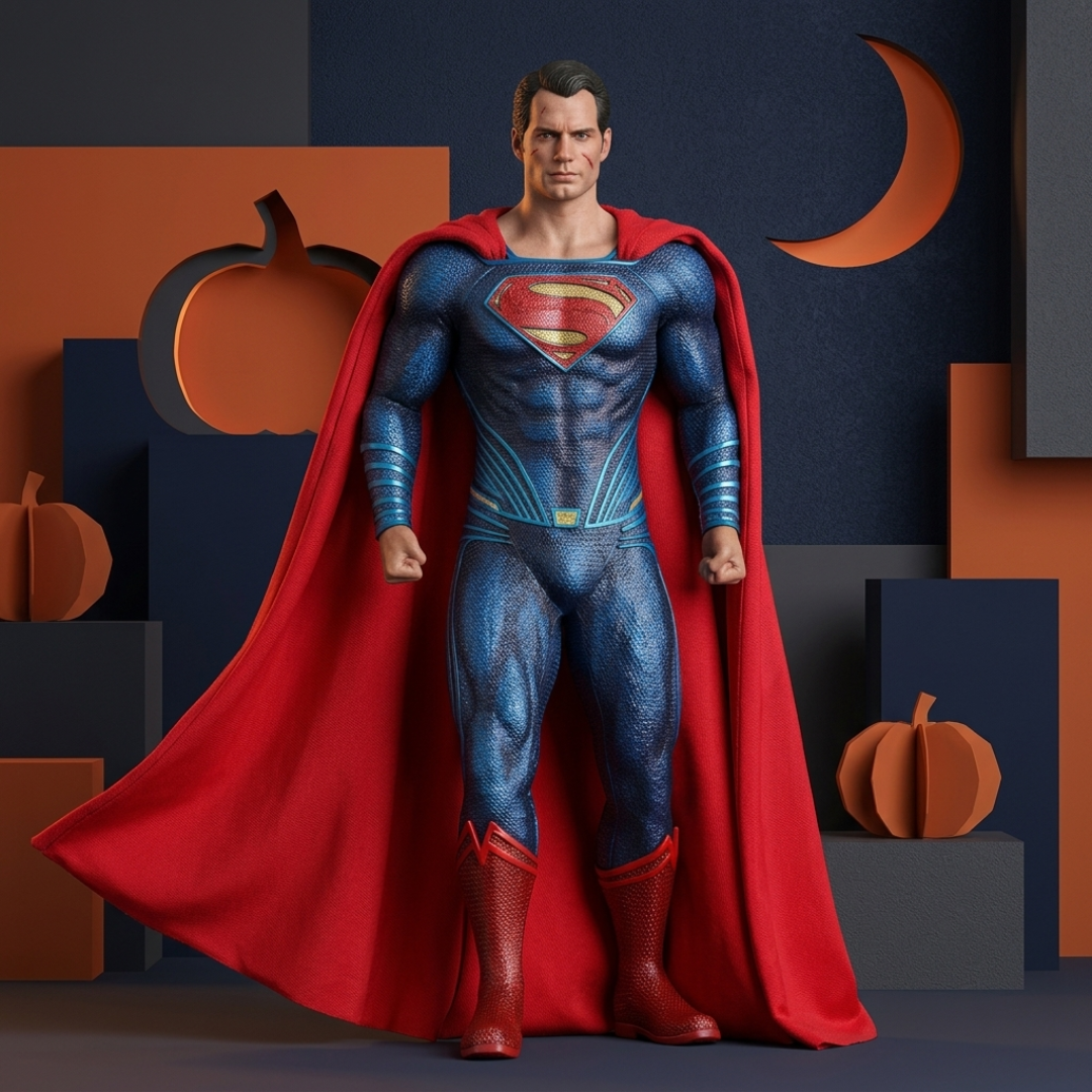 A Superman action figure or collectible statue stands centered against a stylized dark blue and orange geometric backdrop with pumpkin and crescent moon shapes. The figure wears a textured blue suit with a red cape and red boots.