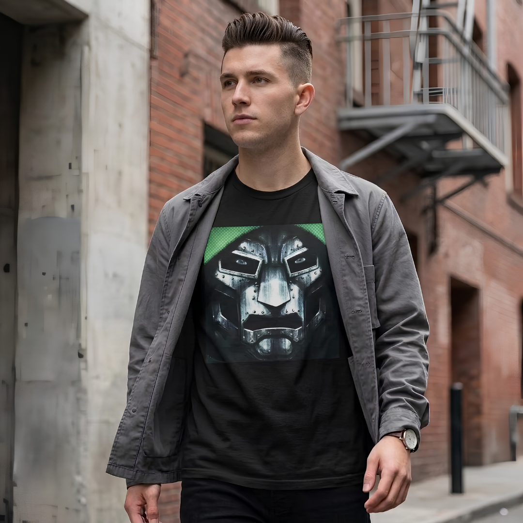 A man wearing a black graphic t-shirt with a metallic robot face design, styled with a gray overshirt, standing in an urban alleyway.