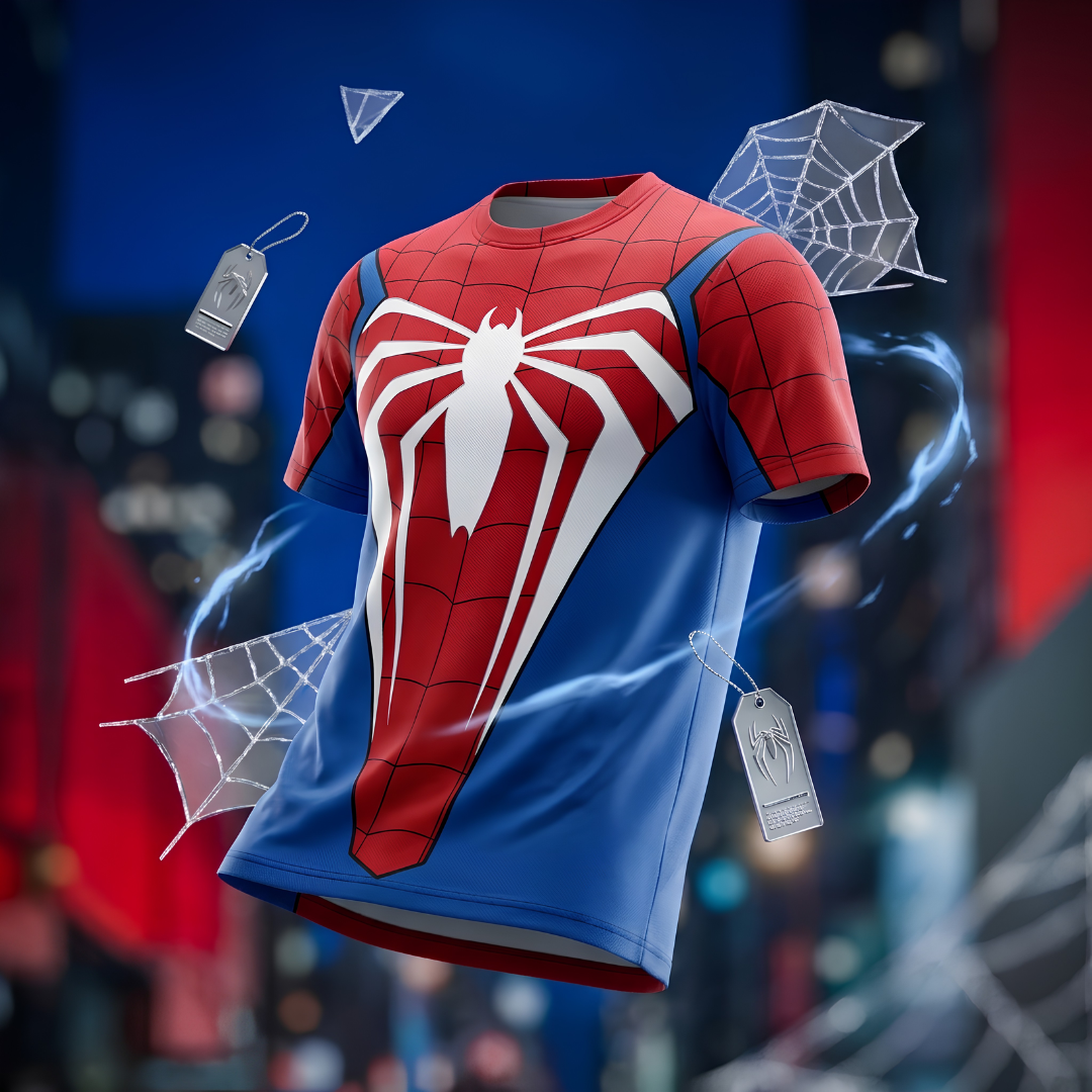 A Spider-Man themed short-sleeve t-shirt with a red and blue color-blocked design and a large white spider emblem on the chest, shown floating against a blurred city background with web graphics and hang tags.
