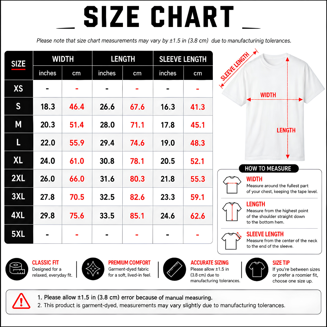 A size chart table for a fitted long-sleeve t-shirt, showing sizes XS through 5XL with width, length, and sleeve length measurements in inches and centimeters. A white t-shirt graphic is shown on the right with red measurement arrows indicating how to measure chest, length, and sleeve length.