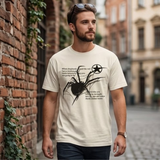 A man wearing a cream-colored graphic t-shirt with a black spider and text design, standing in an outdoor street setting next to a brick wall.