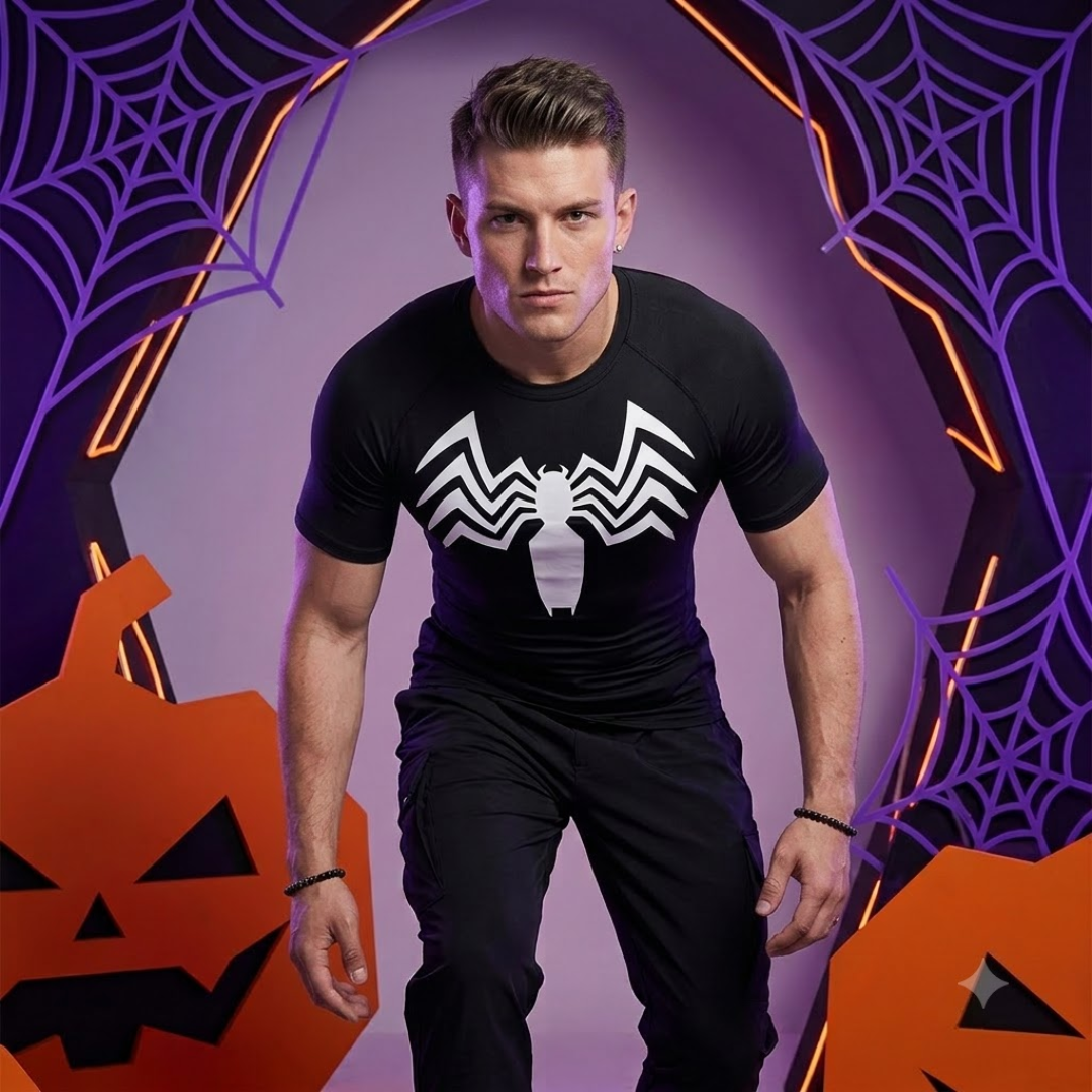 A man wearing a black short-sleeve t-shirt with a large white spider logo on the chest, posed against a purple Halloween-themed backdrop with spiderwebs and orange jack-o'-lantern props.